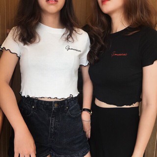 [HÌNH THẬT] ÁO THUN CROPTOP ÔM BODY THÊU CHỮ NHỎ