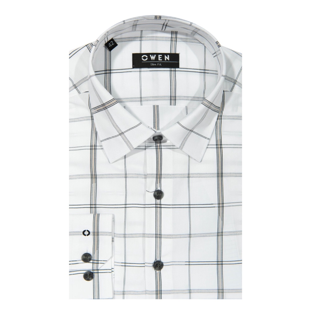 Áo Sơ Mi Nam Dài Tay OWEN AS220887D Somi Công Sở Vải Sợi Tre Cao Cấp Màu Kẻ Caro Trắng Đen Dáng Ôm Tà Lượn Không Túi