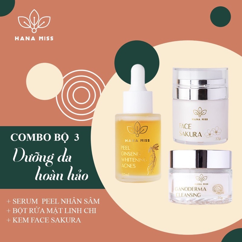 (Tặng 9 mặt nạ)Combo 3 Bột rửa mặt Linh Chi, Pell da nhân sâm, Kem dưỡng trắng Sakura đánh bay mụn làm trắng hồng da