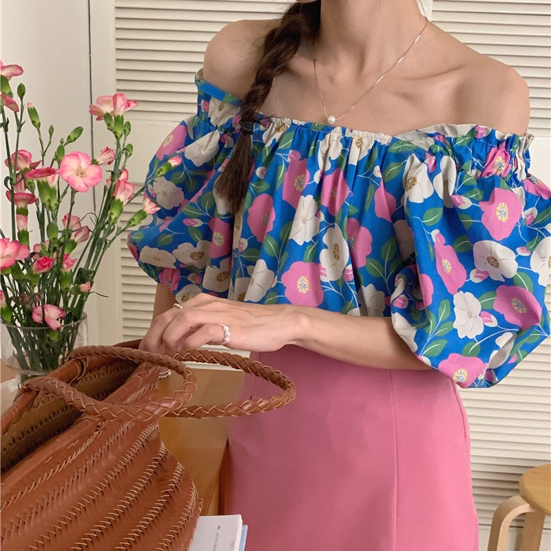 SUXI Áo Kiểu Cổ Vuông Tay Ngắn Dáng Rộng In Họa Tiết Hoa Phong Cách Hàn Quốc Xinh Xắn