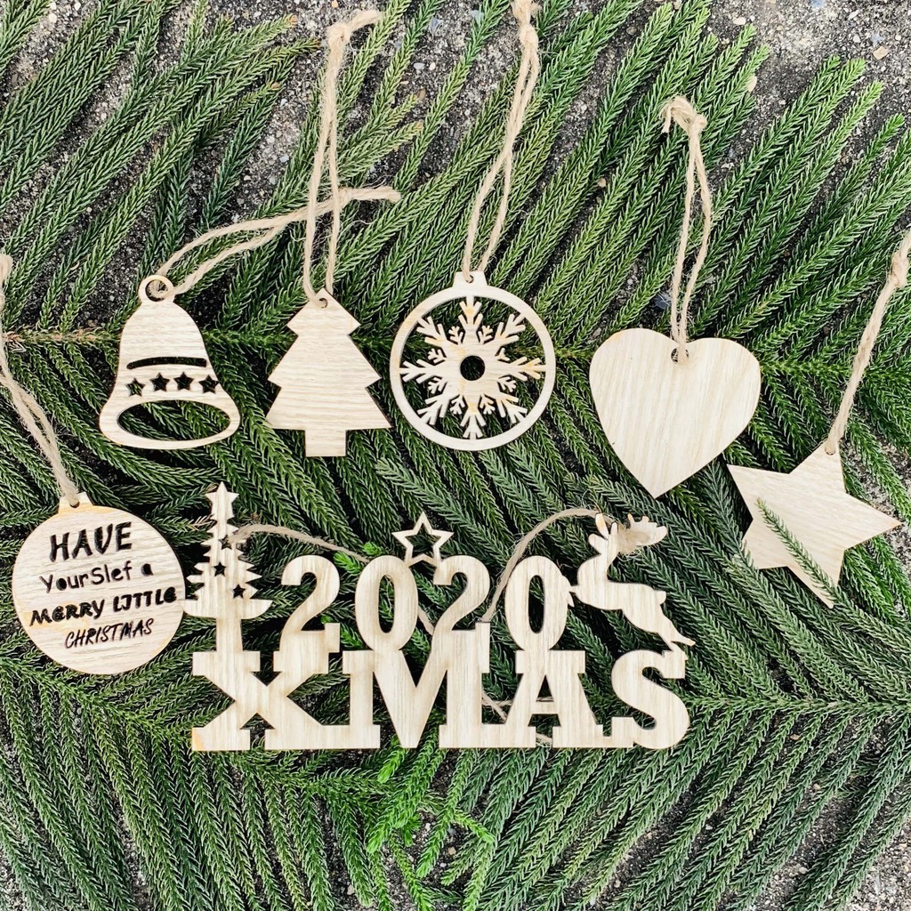 Trọn Bộ Phụ Kiện Trang Trí Cây Thông Giáng Sinh Noel Bằng Gỗ Kèm Dây Buộc Handmade