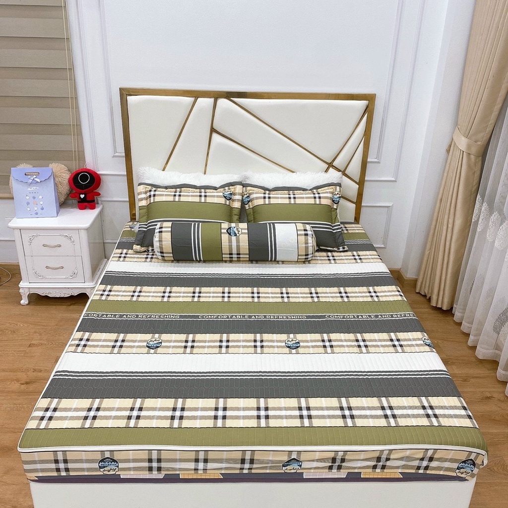 Bộ ga giường bo chun chần bông cotton 100%, ga chun chân 3 lớp cao cấp kèm 2 vỏ gối hàng chuẩn loại 1