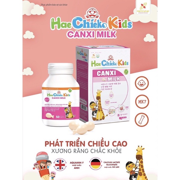 Thực phẩm bảo vệ sức khoẻ Hae Chieko Kids Canxi milk, bổ sung canxi cho bé, lọ 50 viên