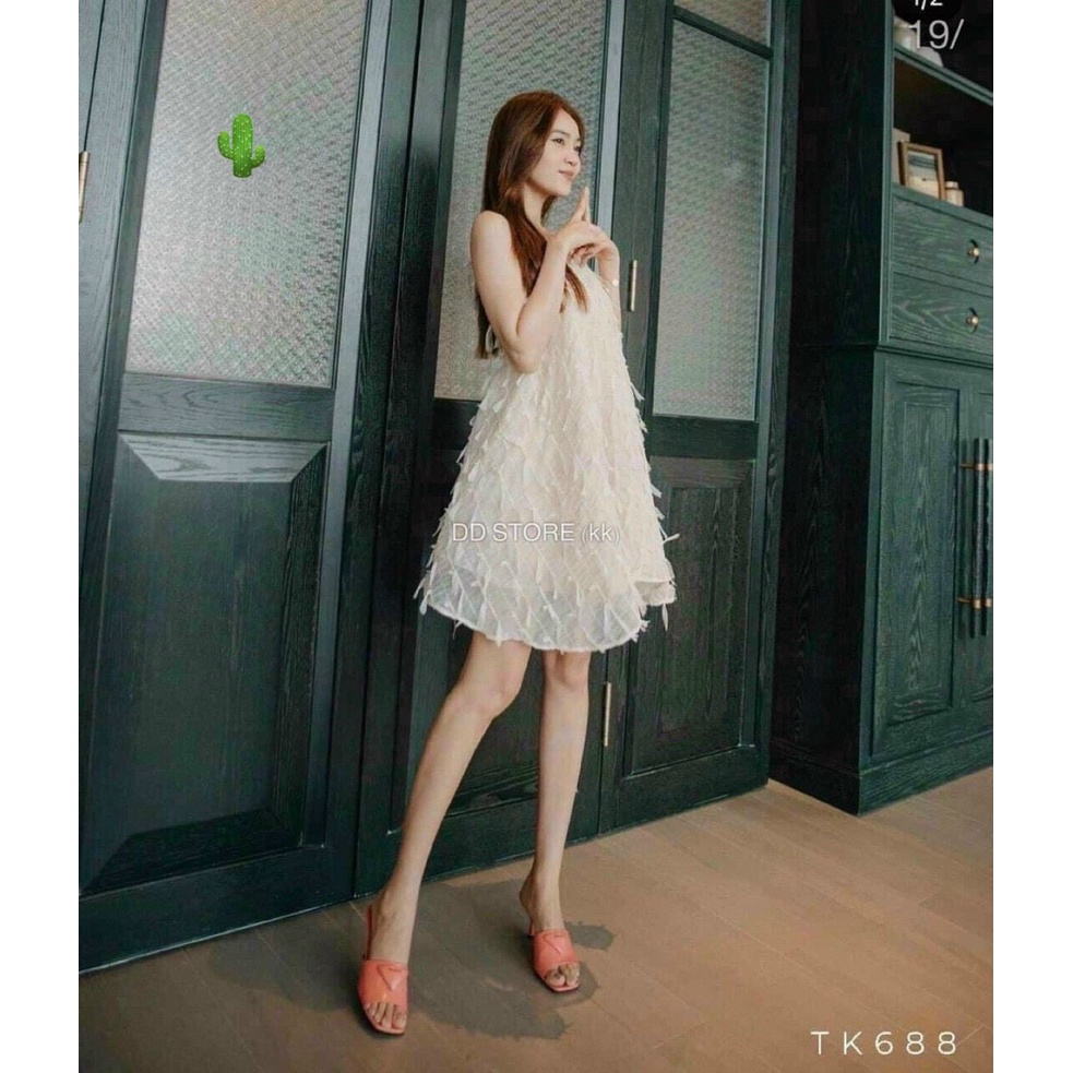 Đầm nữ cổ yếm dáng suông rộng vải lông nhung 2 lớp màu da nhạt thanh lịch duyên dáng PC126