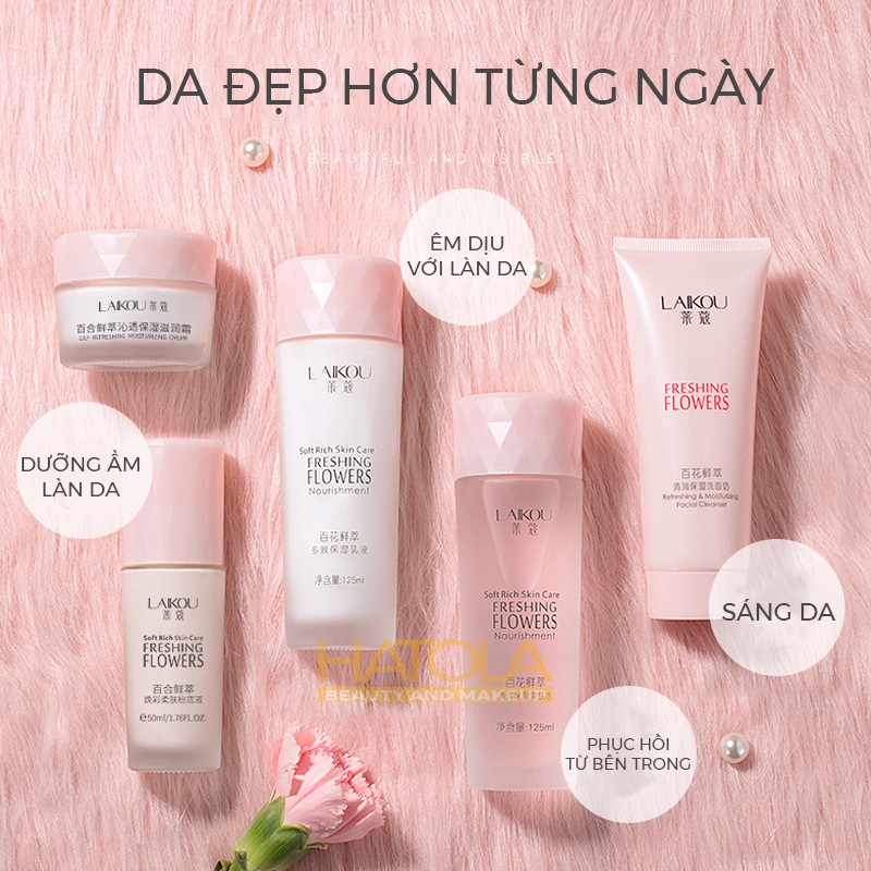 Bộ dưỡng da cấp ẩm trắng hồng tự nhiên Laikou gồm Sữa Rửa Mặt Nước Hoa Hồng Sữa Dưỡng Da Kem Dưỡng, Kem Nền