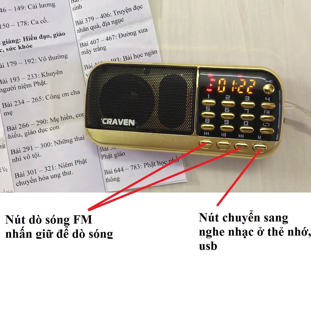 Loa craven 836s nghe đài FM, radio, thẻ nhớ, USB máy nghe pháp đa năng, Bh 6 tháng