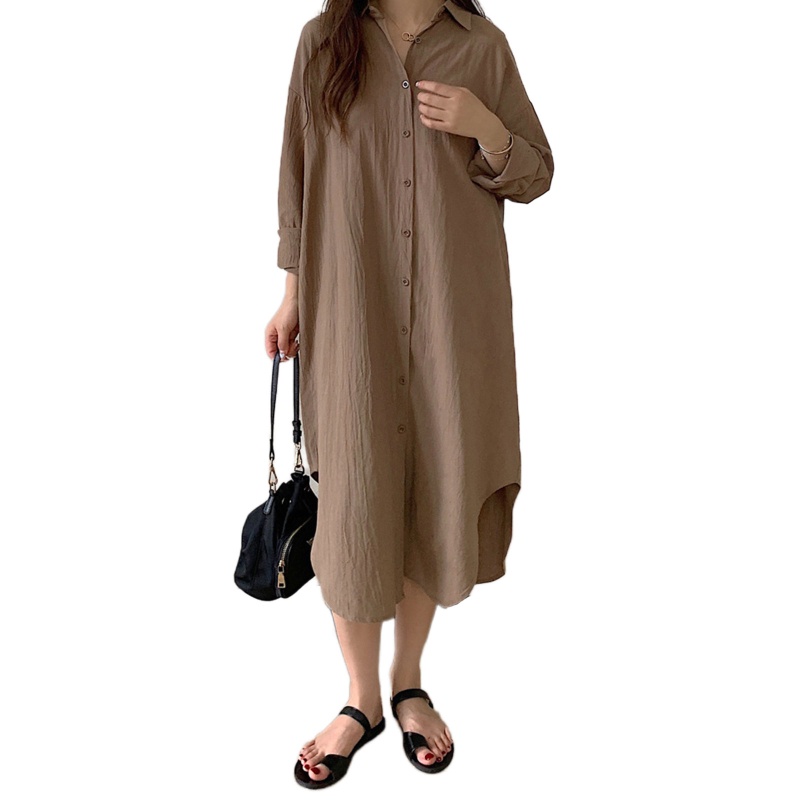 Brroa Đầm Sơ Mi Midi Tay Dài Cuộn Lên Trên Cổ Bẻ Cài Nút Xuống Xẻ Tà Bên Hông Đơn Giản Cho Nữ
