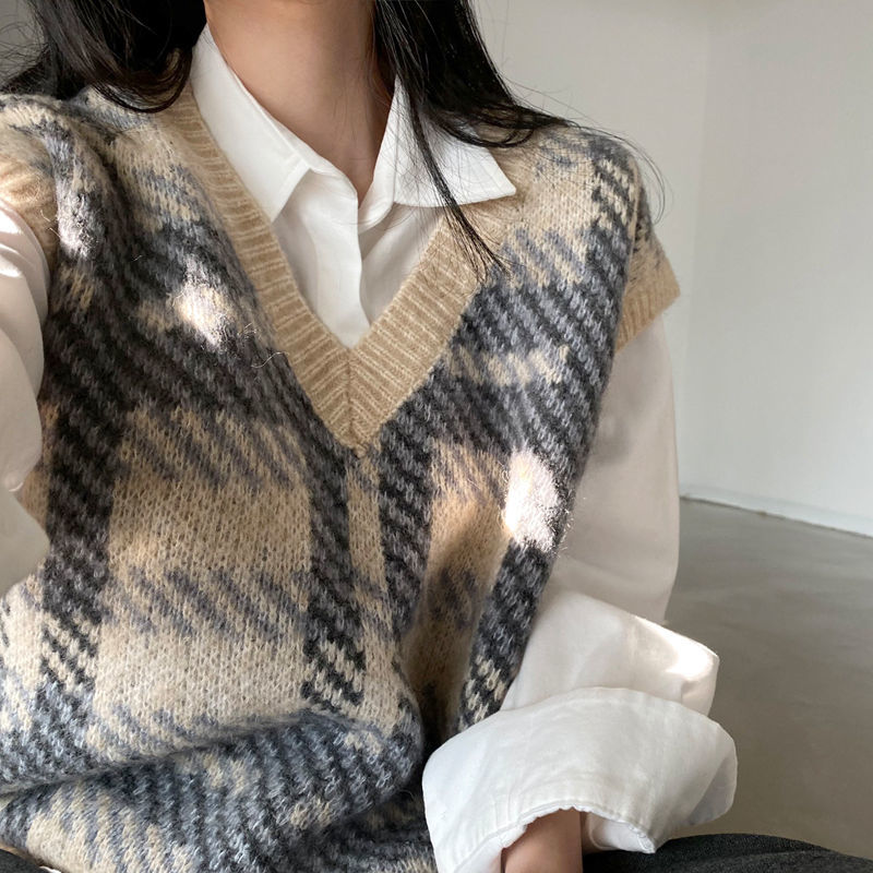 Áo gile len cổ chữ V họa tiết sọc caro phong cách retro Hàn Quốc