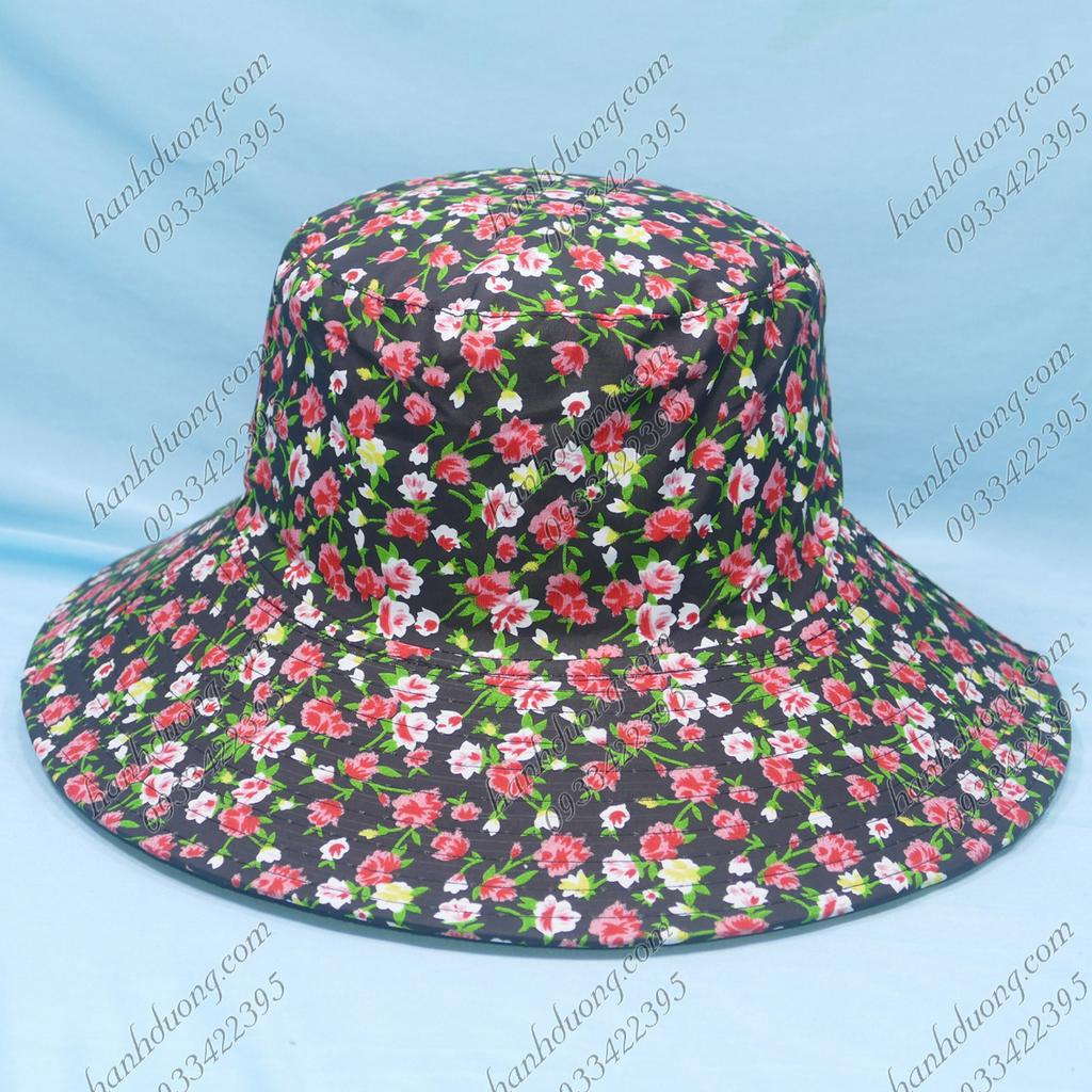 Mũ tai bèo nữ rộng vành 8cm vải cotton họa tiết hoa nhỏ nón tai bèo nữ có dây quai phía dưới giúp giữ nón chặt hơn