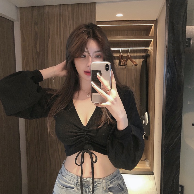 Porozi  Áo kiểu  dệt kim cổ chữ V tay dài phong cách Hàn Quốc thời trang dành cho nữ