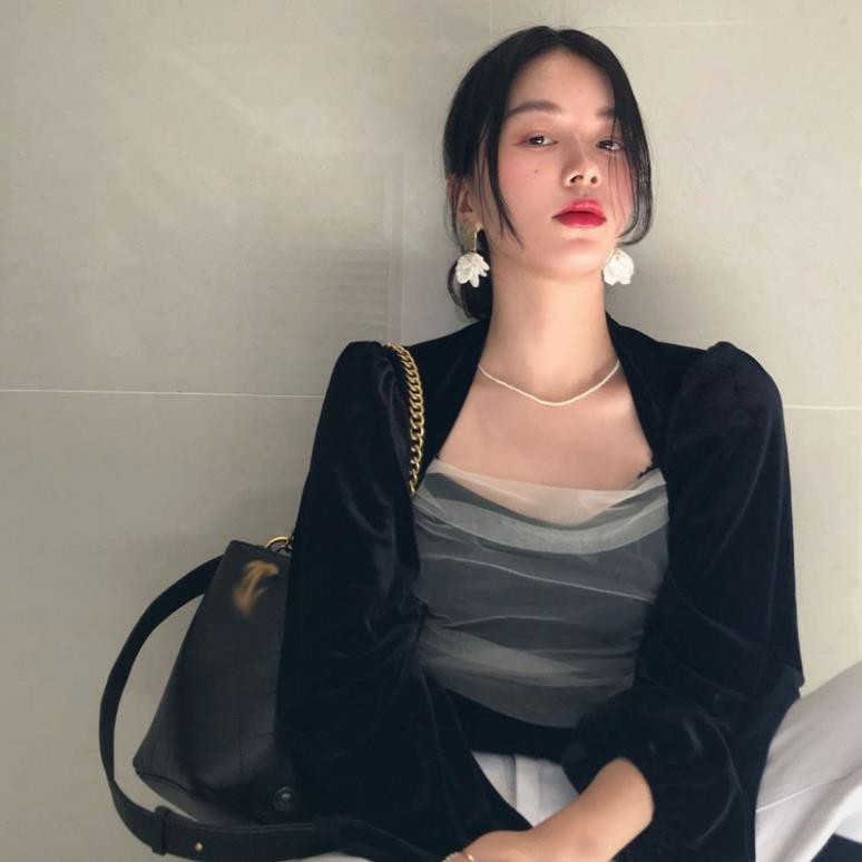 (ORDER) Áo kiểu nữ nhung dài tay phồng cổ vuông phối voan ngực sexy sang chảnh style retro Hàn Quốc (MẪU MỚI 2020) ❕