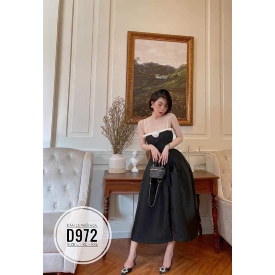 Đầm 2s phối hoa trắng và đen