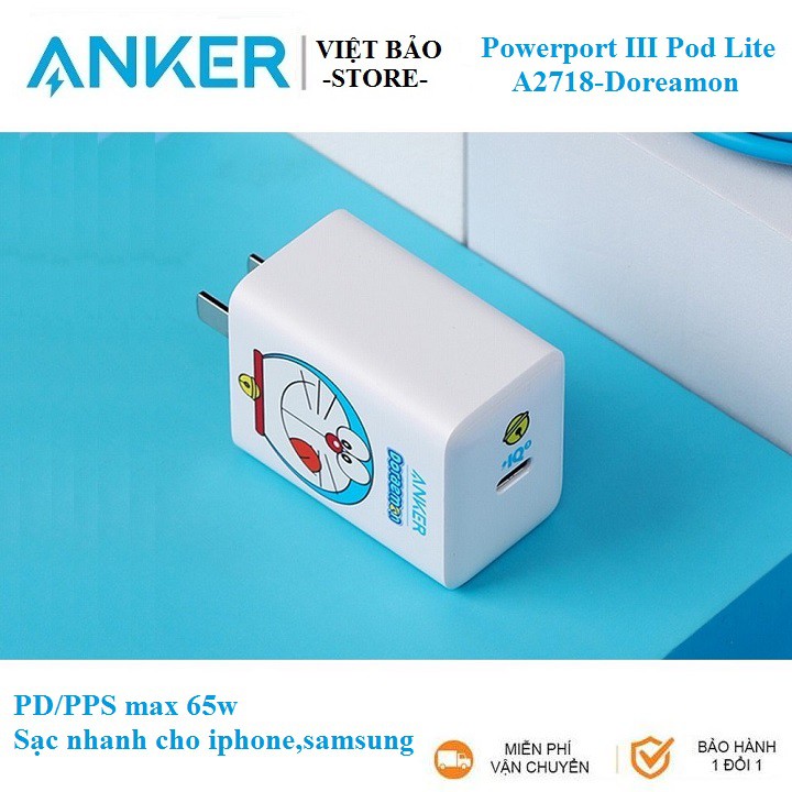 Sạc Anker 65W PowerPort III Pod Lite A2718 Bản DOREAMON - PD/PPS 65w [Bảo hành 12 tháng]
