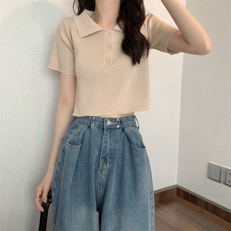 Áo Dệt Kim Croptop, Polo Nữ Cổ Đức Cộc Tay Hàng Quảng Châu Loại 1 Ailee