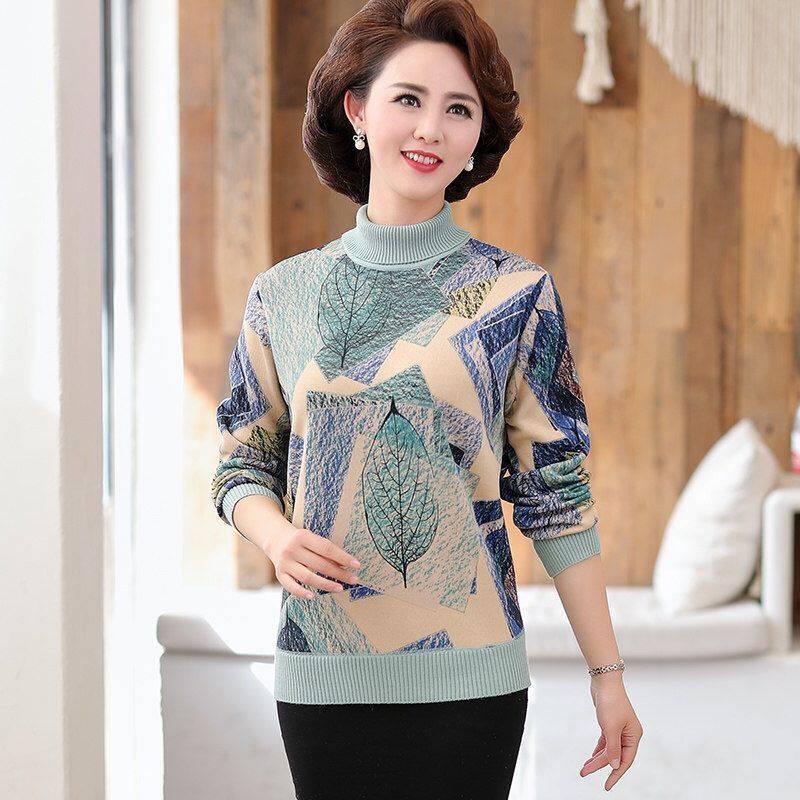 Áo thun tay dài lót nhung dày dặn giữ ấm mùa đông cho phụ nữ trung niên