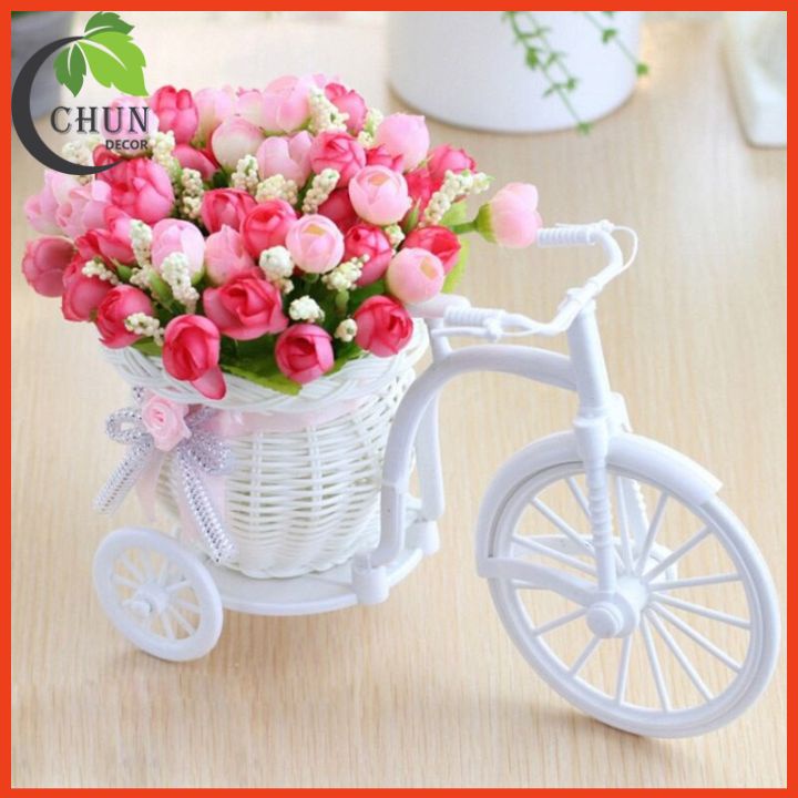 Hoa giả - Giỏ xe đạp hoa lụa nhiều mẫu cao 22cm để bàn,kệ tủ trang trí nhà cửa