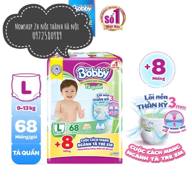 [Tặng 8m] Tã quần bobby size M76+8/L68+8/XL62+8