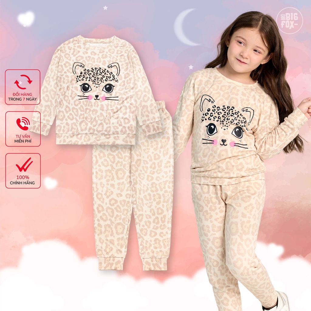 Bộ thu đông bé gái Bigfox Miss Meow size đại, Bộ nỉ bé gái họa tiết báo dễ thương dài tay size trẻ em 3,4,5,...11 tuổi