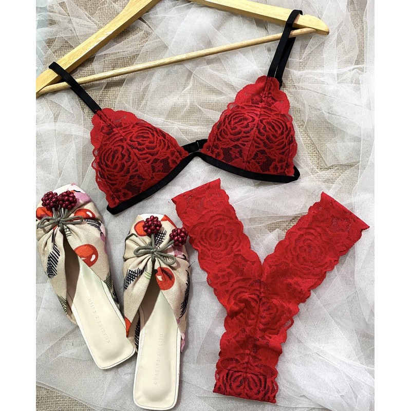 Bộ Đồ Lót Ren Mút Ngực Quần Y Đỏ Tươi Cúp Nhỏ 32-34