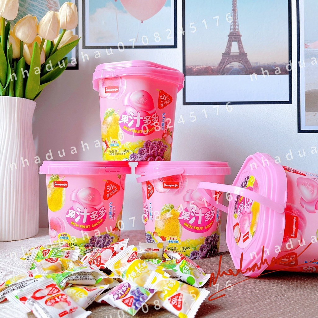 Kẹo dẻo sữa trái cây lột vỏ 2 lớp đặc sắc mix vị Hongkong xô lục giác xinh xắn 118gam