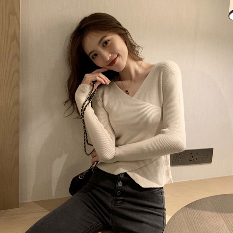 Áo Dệt Kim Tay Dài Cổ Chữ v Dáng Ôm Phong Cách Thời Trang Hàn Quốc Dành Cho Nữ