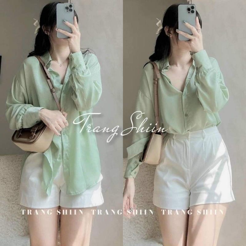 SET SƠ MI XANH BƠ NÚT LƯNG +  QUẦN SHORT TRẮNG