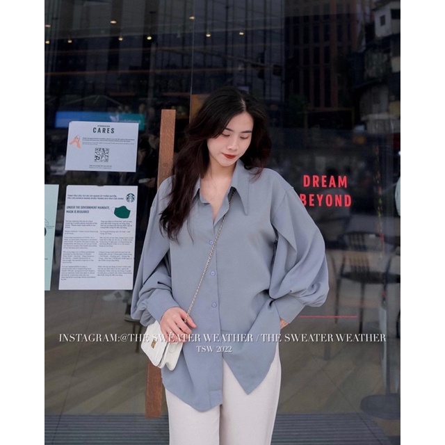 (Ảnh thật) Áo sơ mi voan trượt cổ nhọn cách điệu the.sweaterweather TSW