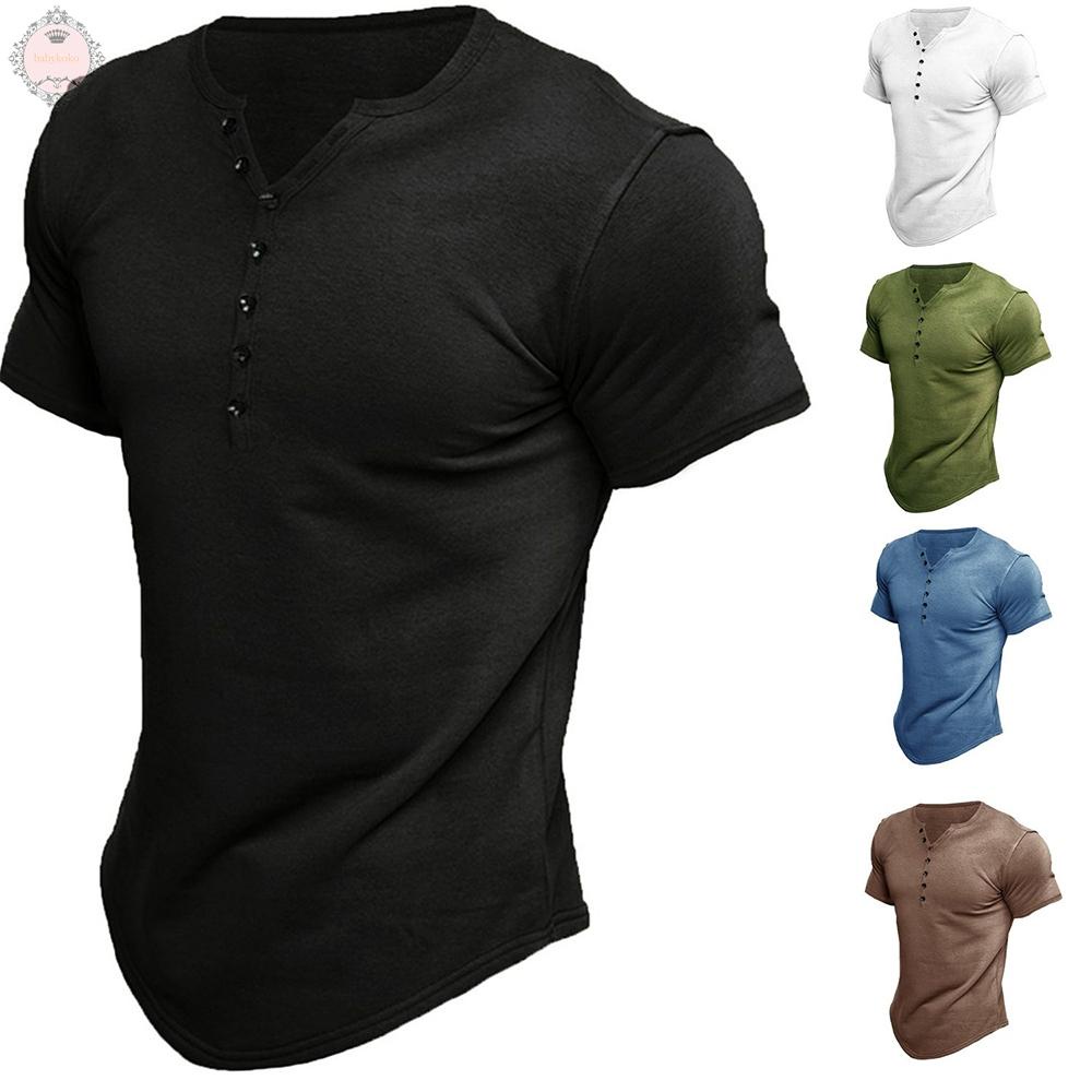 Summer European American Men Henley Shirt Short-Sleeved Solid Color T-Shirt Top