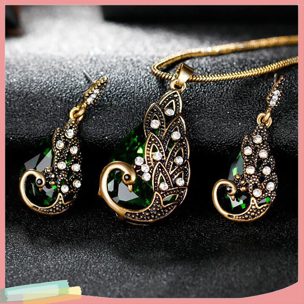 Bộ 3 Vòng cổ Và Đôi Khuyên Tai Hình Con Công Đính Đá Thời Trang Cho Nữ