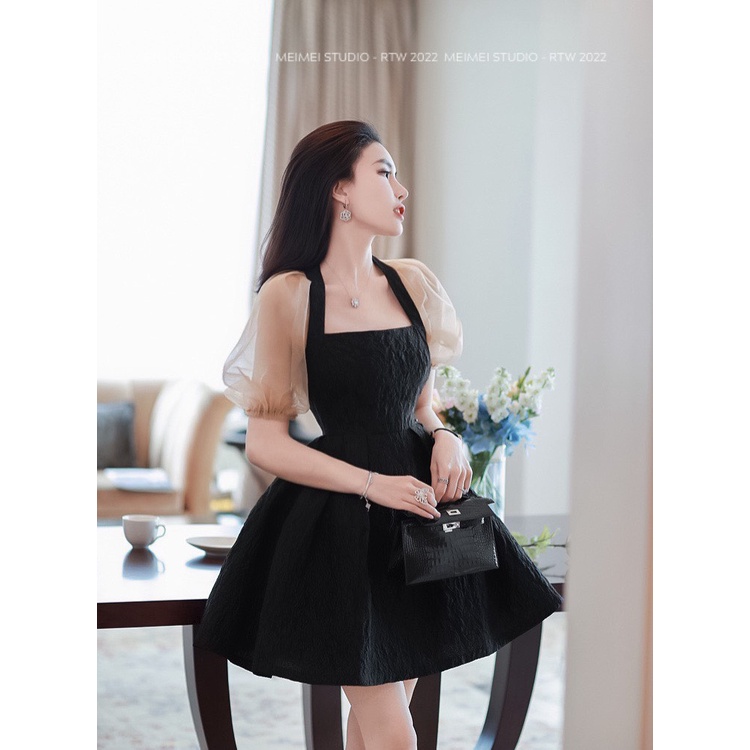 Đầm Lobi gấm tay kính - Váy dáng xòe chữ A cộc tay phồng cổ vuông - Phong cách sang trọng | XKV50 | MeiMei Studio