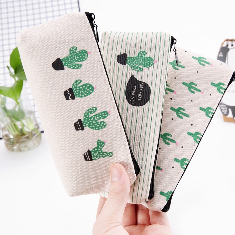 Túi đựng bút vải Canvas có khóa kéo họa tiết xương rồng dễ thương dành cho học sinh, sinh viên