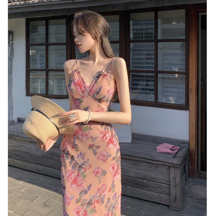 Đầm Maxi Chất Chiffon Hoạ Tiết Hoa Thiết Kế Cổ Chữ V Quyến Rũ