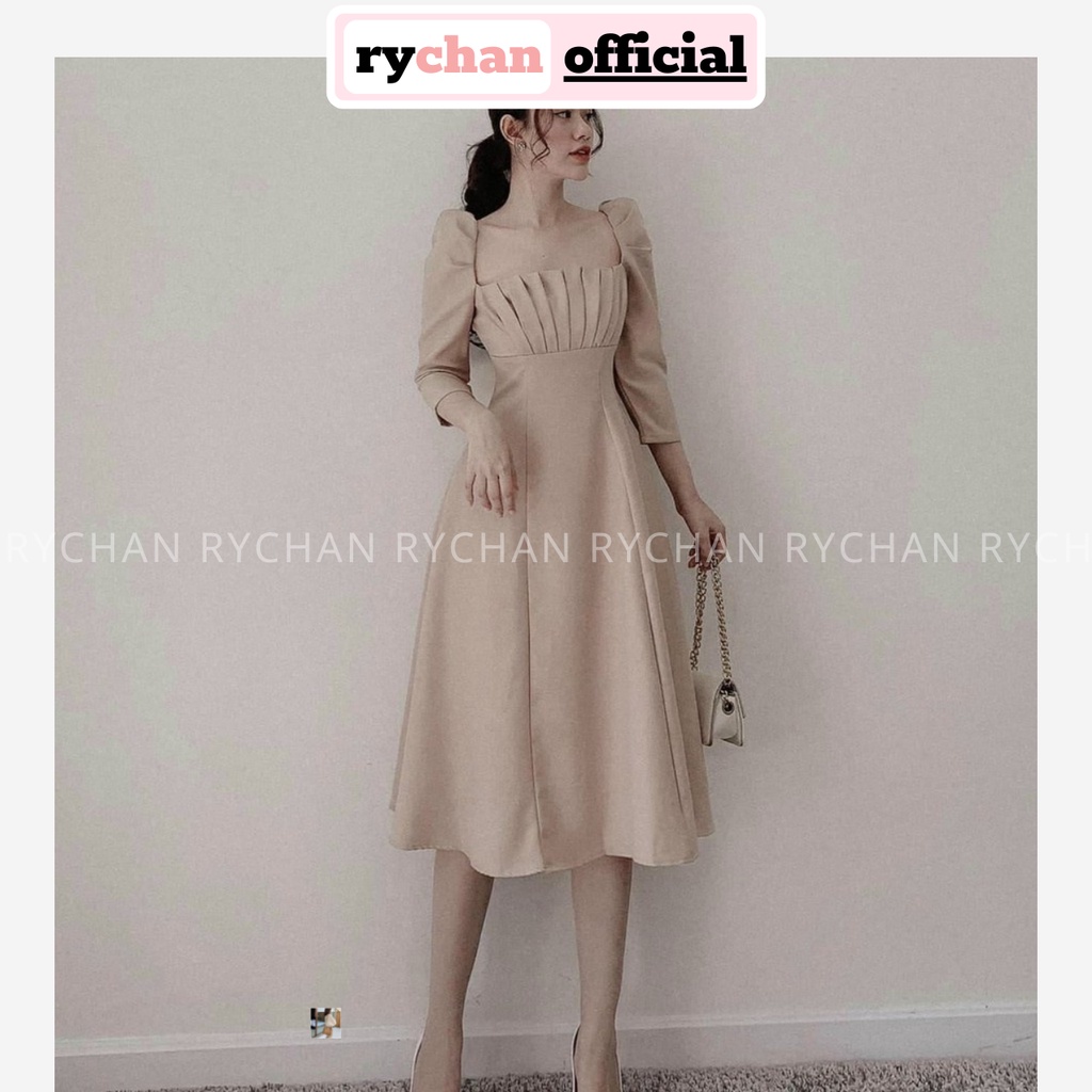 Đầm Xòe Midi Tay Dài Cổ Vuông Xếp Ngực Thắt Nơ Lưng - DX0026