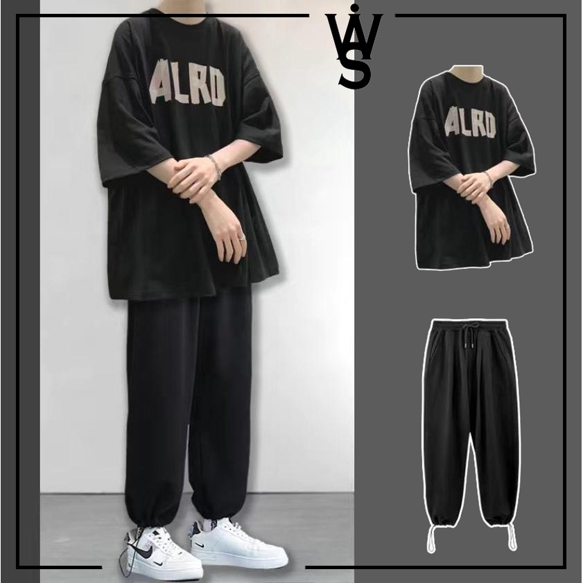 Set đồ bộ thun nam nữ ALRD dáng rộng trẻ trung, năng động, in chữ phong cách Hàn.