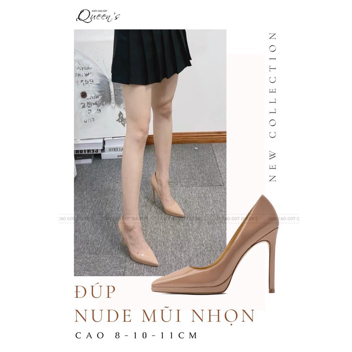 Giày cao gót đúp mũi nhọn màu nude, chất da bóng chống trầy, cao 8-10-11cm