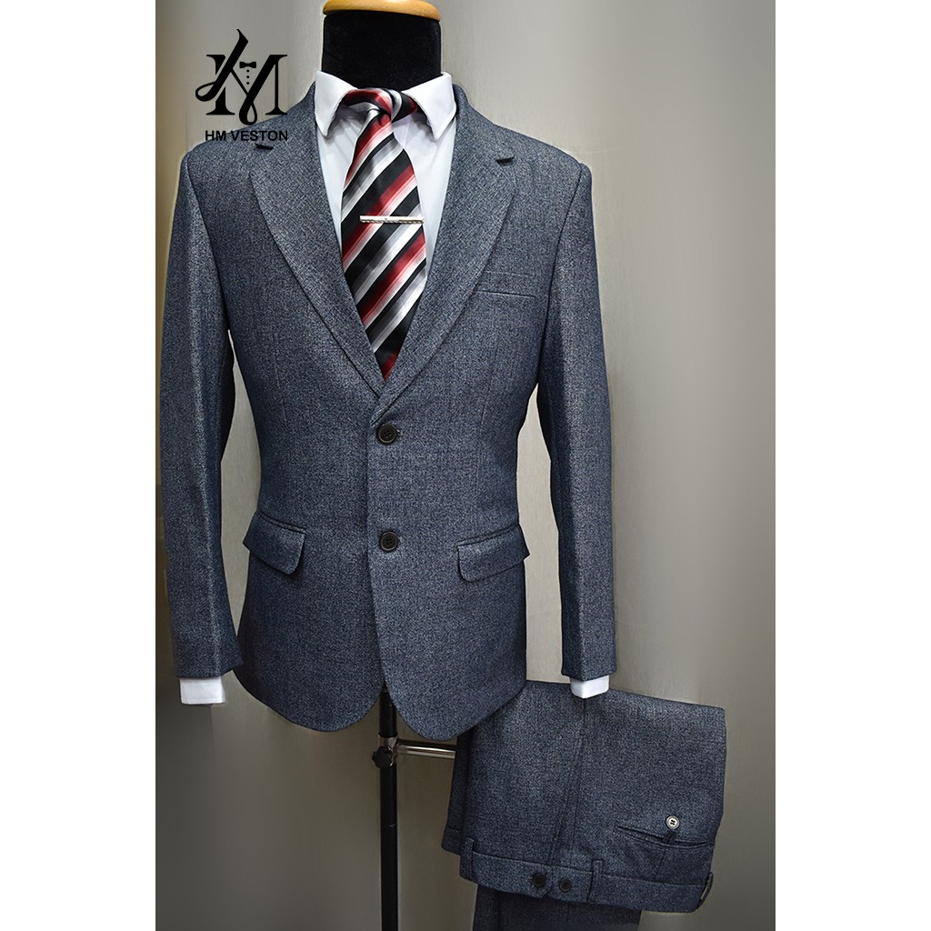 Bộ vest nam 2 nút form suông màu xanh đá cao cấp + cà vạt & kẹp