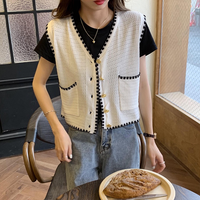 Áo ghi lê IELGY dệt kim mỏng không tay cổ chữ V cho nữ