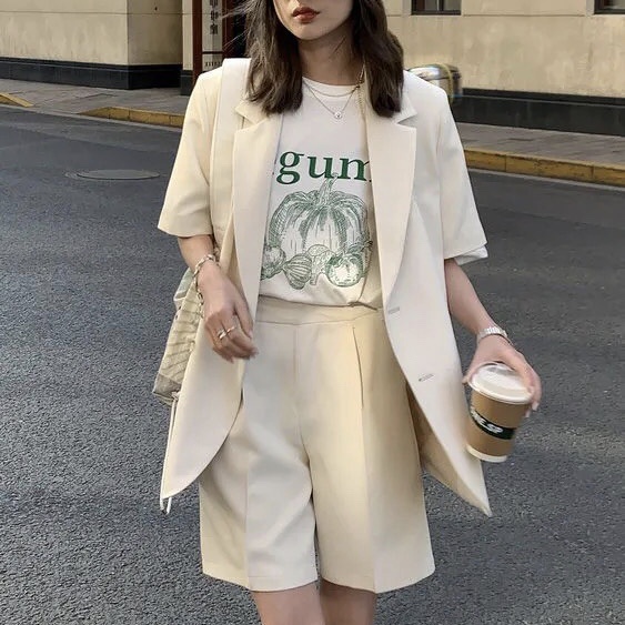 Set áo khoác tay ngắn + quần short dáng rộng thời trang mùa hè cho nữ size s-4xl