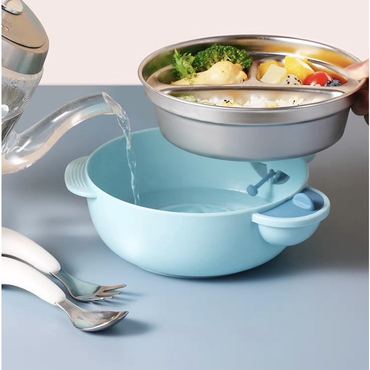 Bát ăn dặm chống đổ có nắp đậy cho bé - Khay ăn dặm chống lật inox và nhựa hình gấu cho bé Happypig