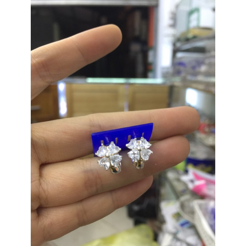 Khuyên tai nơ treo tim đá nhân tạo tròn đính tai bạc thật cao cấp