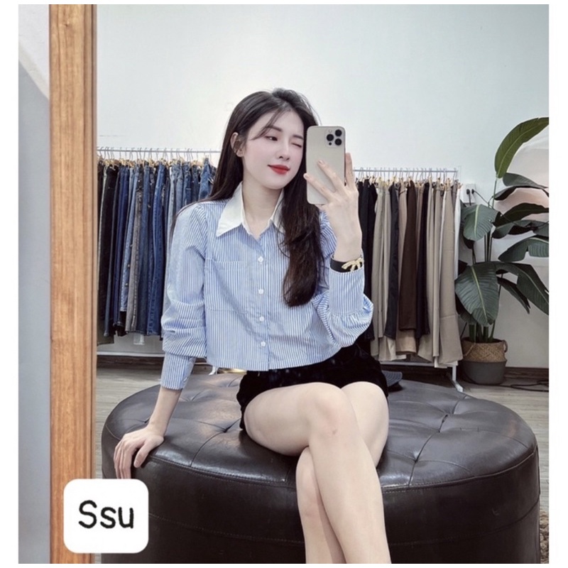 Áo sơ mi dài tay dáng croptop , áo sơ mi kẻ phối cổ viền trắng dáng croptop ulzzang DUMI