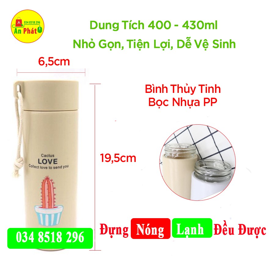 Bình Thủy Tinh Bọc Nhựa 400ml  FREESHIP  Bình Giữ Nhiệt Love Cactus  In Hình Xương Rồng