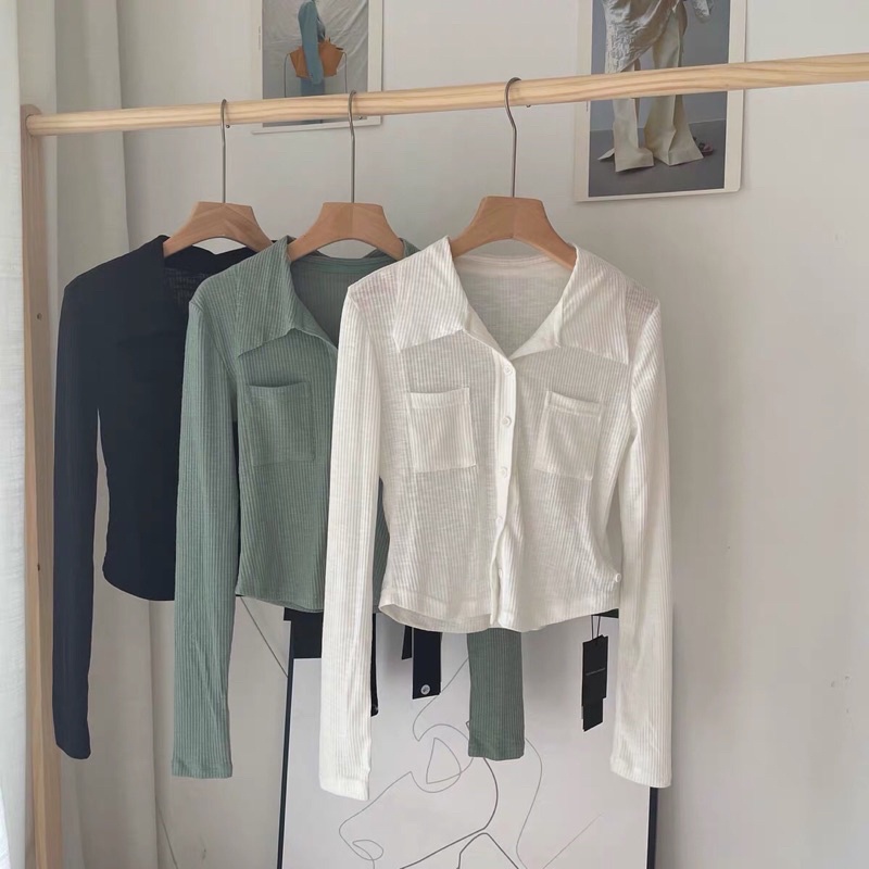 Áo sơ mi croptop dài tay cài nút lệch 2 kiểu