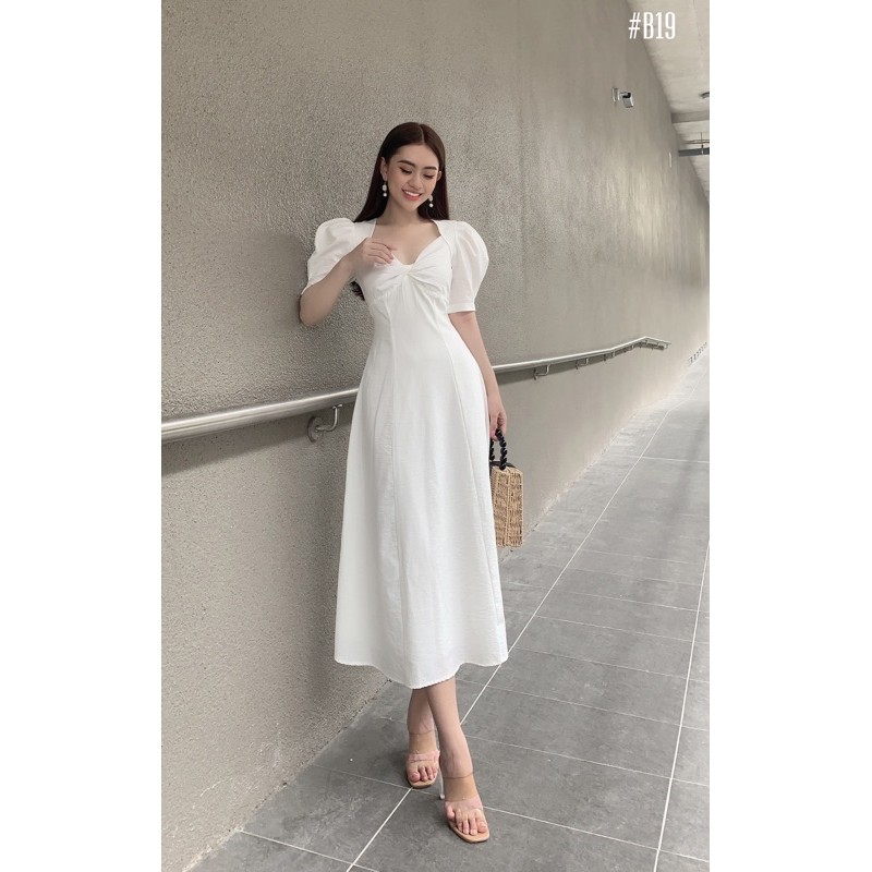 Đầm Maxi Trắng xoắn Ngực Tay Phồng | BigBuy360 - bigbuy360.vn