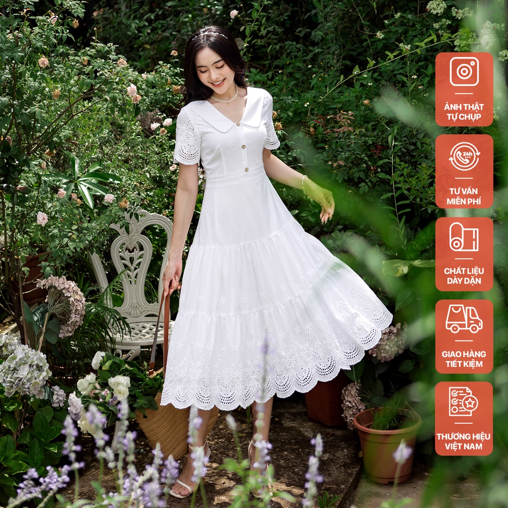 Váy thiết kế Her25 Váy trắng cổ V dáng xoè