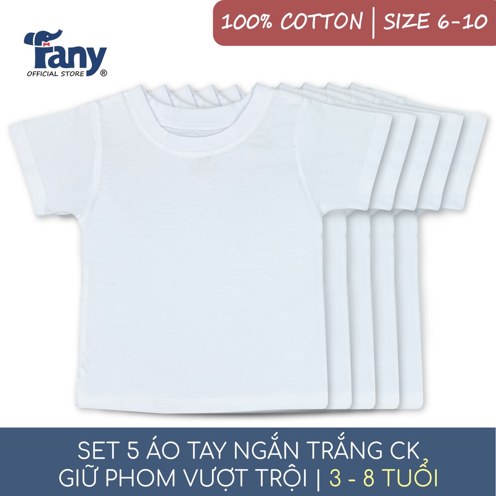 Set 5 áo tay ngắn trắng CK Fany® size 6-10 cho trẻ từ 3-8 tuổi 100% cotton mềm mại thấm hút tốt 5 áo/ bịch