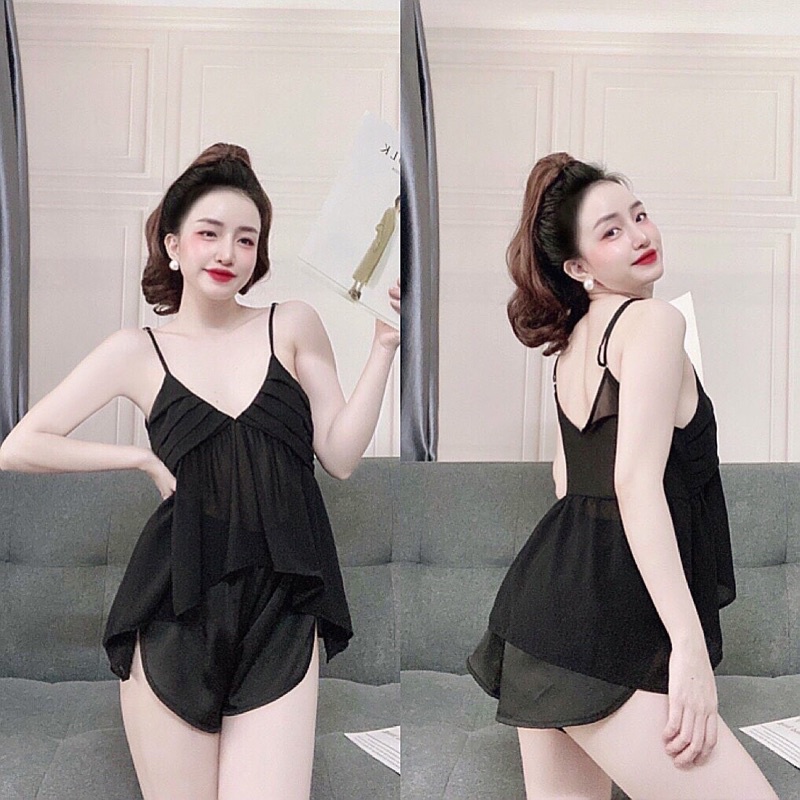 Đồ bộ ngủ sexy ao voan xếp ly quần satin cao cấp | BigBuy360 - bigbuy360.vn