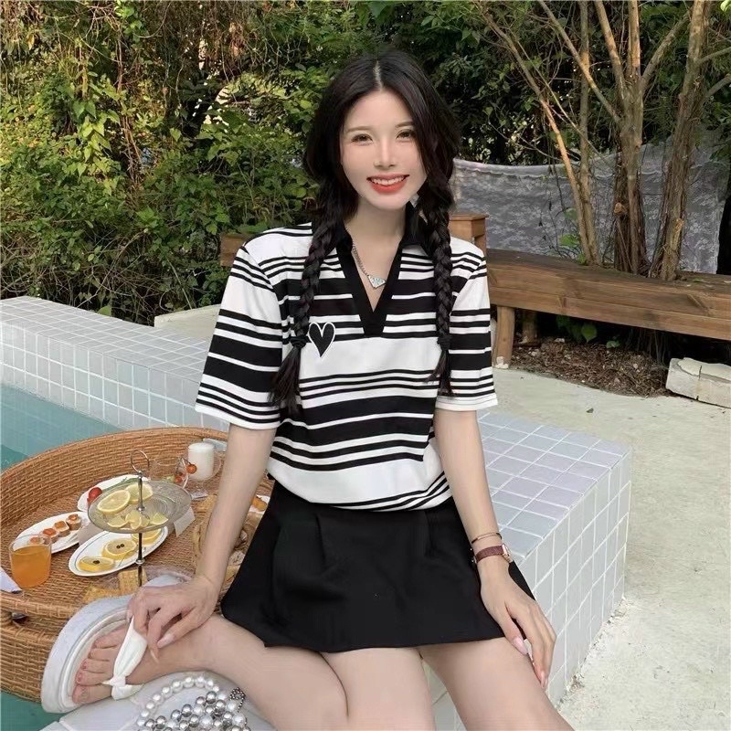 Váy, áo len mongtoghi polo tim thêu kẻ ngang dáng suông V052