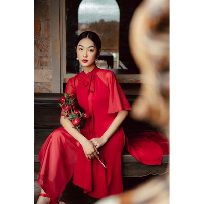 Áo dài cổ tàu đính nơ tay zaclang loe ( không kèm quần)  TIINSTORE  ACT128