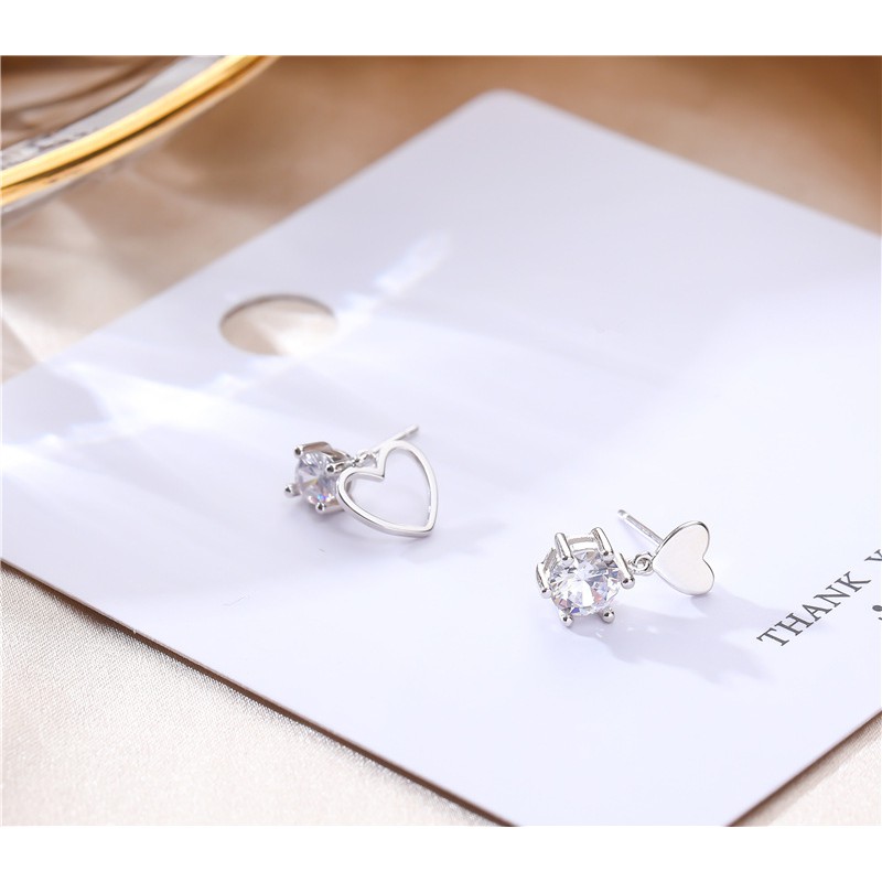 Bông Tai Bạc S925 Trái Tim Đôi Kết Đá CZ Bất Đối Xứng Dễ Thương | Khuyên Tai Nữ Trang Sức Bạc